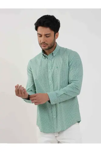 Green Men's Regular Fit Pitikare Pattern Button-Down Long Sleeve Shirt - 98199 - 4