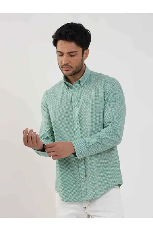 Green Men's Regular Fit Pitikare Pattern Button-Down Long Sleeve Shirt - 98199 - 4