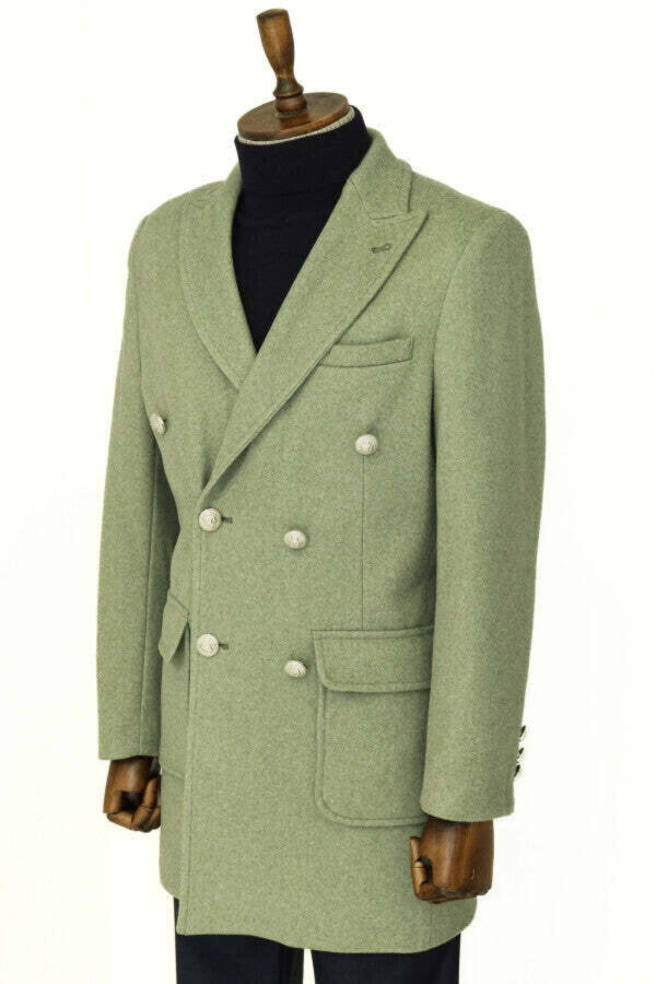 Green, metal buttoned, wool cashmere men's double-breasted coat - Wessi - 3