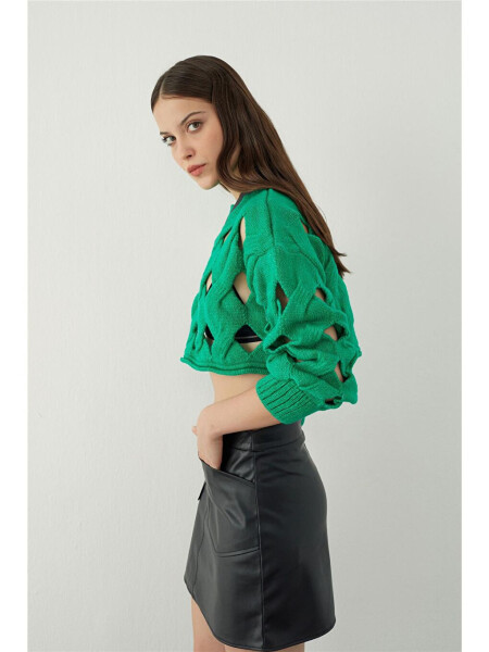 Green Oversized Holey Knit Crop Sweater - 3