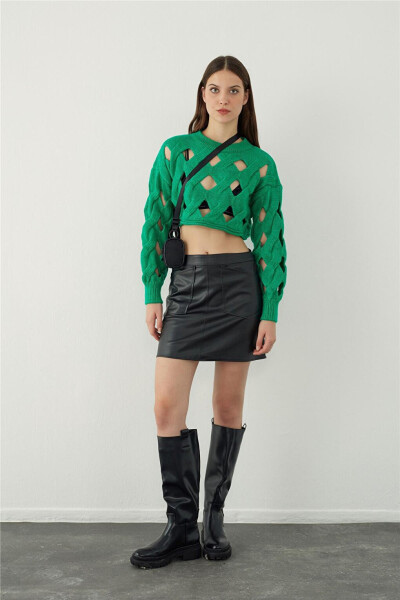 Green Oversized Holey Knit Crop Sweater - 9