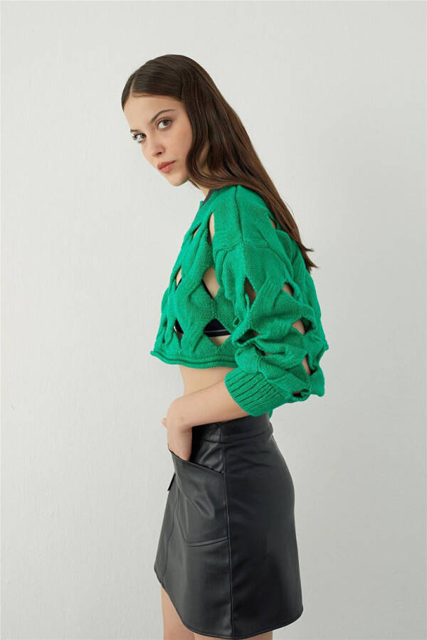 Green Oversized Holey Knit Crop Sweater - 11