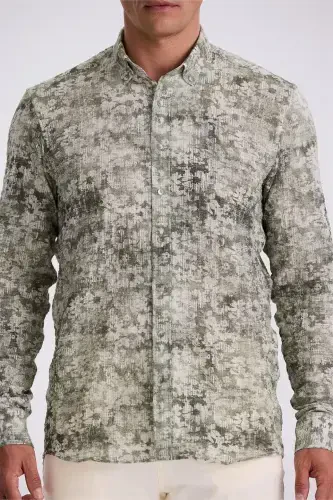 Green Patterned Button-Down Collar Comfort Fit Shirt - 3