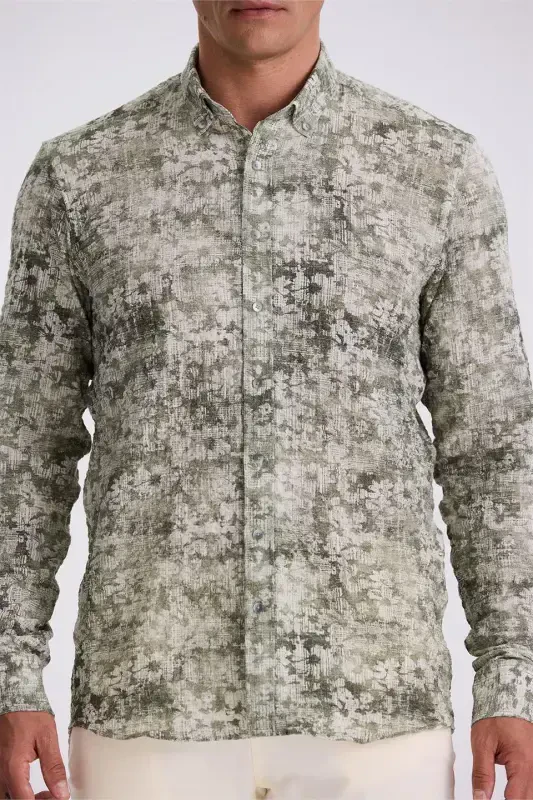 Green Patterned Button-Down Collar Comfort Fit Shirt - 3