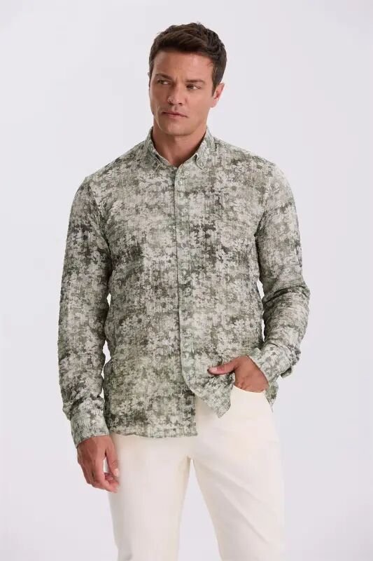 Green Patterned Button-Down Collar Comfort Fit Shirt - JAKAMEN