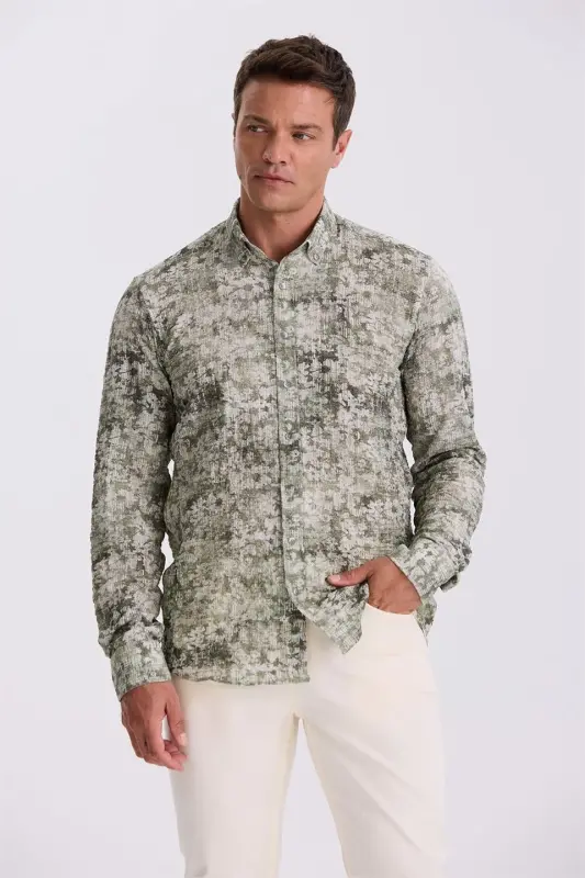 Green Patterned Button-Down Collar Comfort Fit Shirt - 2