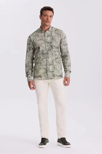 Green Patterned Button-Down Collar Comfort Fit Shirt - 4