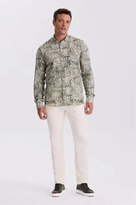 Green Patterned Button Down Collar Comfort Fit Shirt - 4