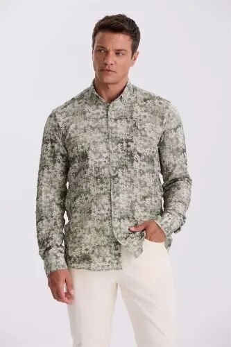 Green Patterned Buttoned Collar Comfort Fit Shirt 