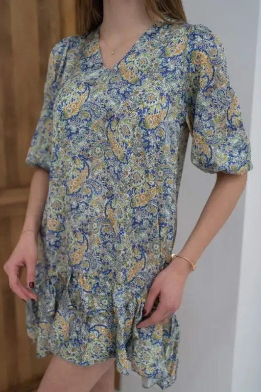 Green Patterned Satin Dress - BÜYÜKBEDENIZ