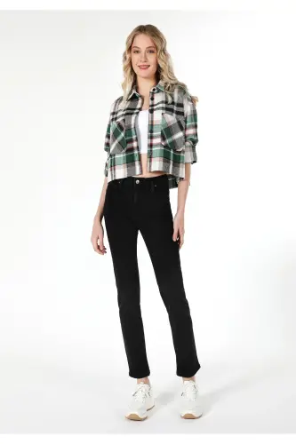 Green plaid long sleeve shirt with pockets for women (Cl1061037) - 1