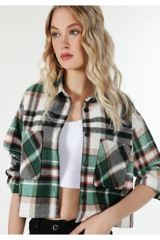Green plaid long sleeve shirt with pockets for women (Cl1061037) - 3