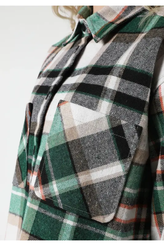 Green plaid long sleeve shirt with pockets for women (Cl1061037) - 5