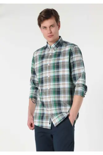 Green plaid, long-sleeved, regular fit men's shirt. - 3