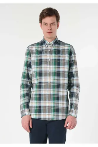 Green plaid, long-sleeved, regular fit men's shirt. - 4