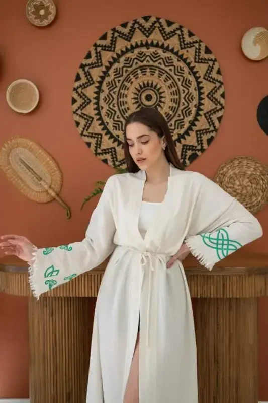 Green Print Detail Linen Cardigan - 4