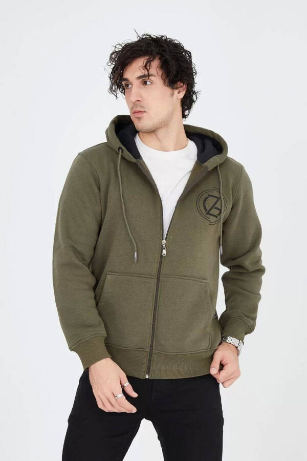 Green, printed, hooded, zippered men's hoodie. - 3