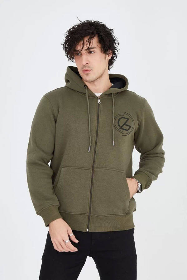 Green, printed, hooded, zippered men's hoodie. - 4