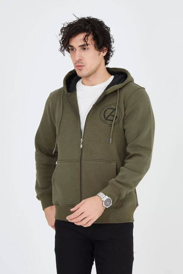 Green, printed, hooded, zippered men's hoodie. - 6