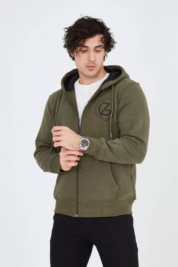 Green, printed, hooded, zippered men's hoodie. - 7