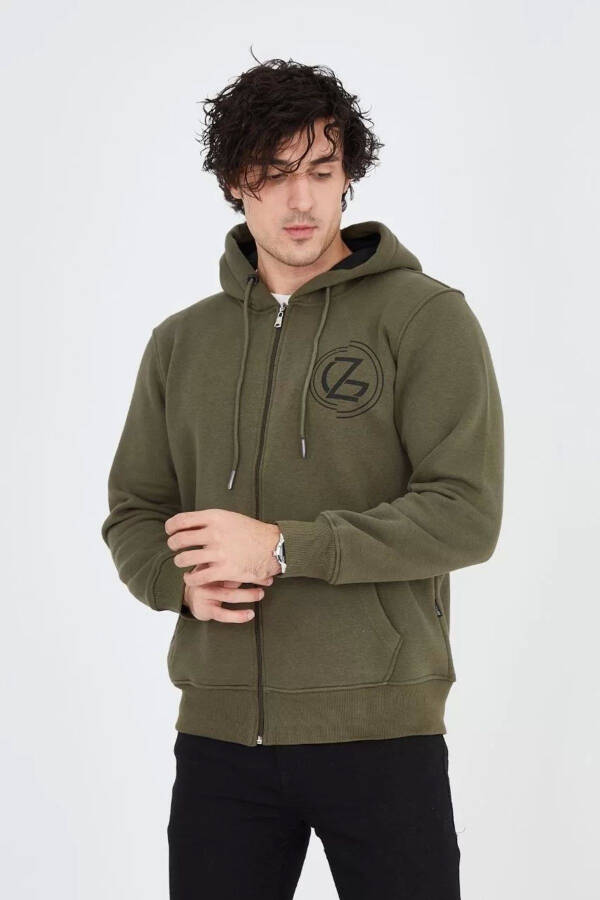 Green, printed, hooded, zippered men's hoodie. - 8