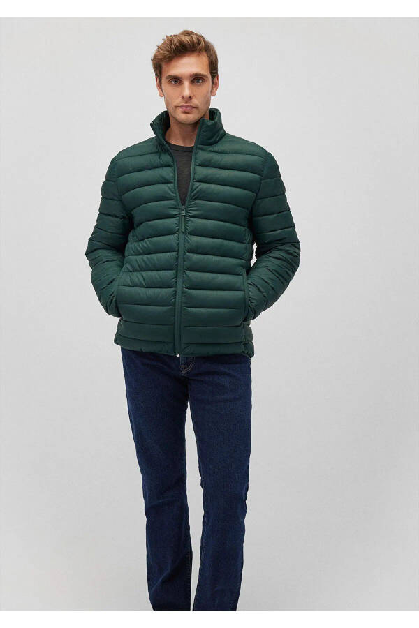 Green Puffer Jacket with Stand-up Collar - 1