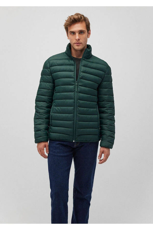 Green Puffer Jacket with Stand-up Collar - 2