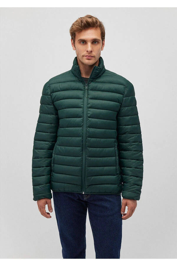 Green Puffer Jacket with Stand-up Collar - 3