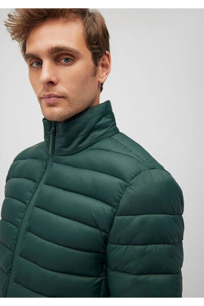 Green Puffer Jacket with Stand-up Collar - 6