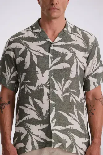 Green Regular Fit Cuban Collar Pattern Relaxed Fit Linen Blend Short Sleeve Shirt 