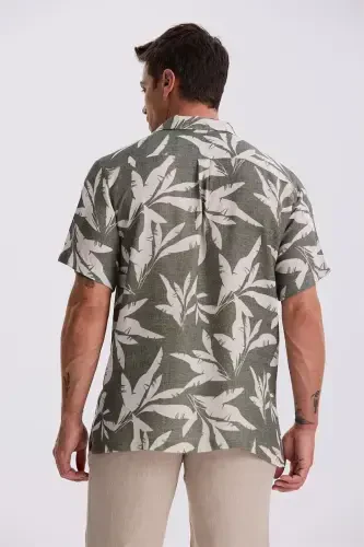 Green Regular Fit Cuban Collar Pattern Relaxed Fit Linen Blend Short Sleeve Shirt - Modazone (1)