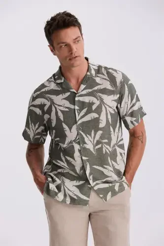 Green Regular Fit Cuban Collar Pattern Relaxed Fit Linen Blend Short Sleeve Shirt - 3