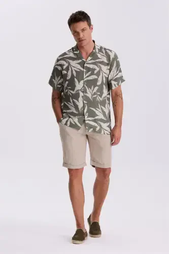 Green Regular Fit Cuban Collar Pattern Relaxed Fit Linen Blend Short Sleeve Shirt - 4