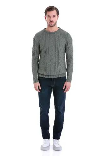 Green Regular Fit Patterned Crew Neck Cotton Knit Sweater-Green - 4