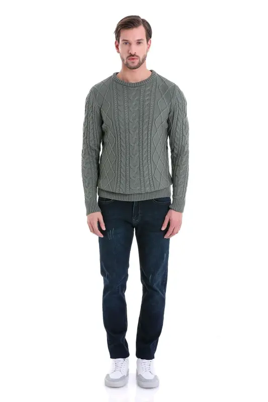 Green Regular Fit Patterned Crew Neck Cotton Knit Sweater-Green - 4