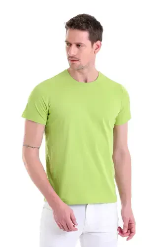 Green Regular Fit Plain 100% Cotton Crew Neck T-Shirt-Kiwi - HATEMOĞLU (1)