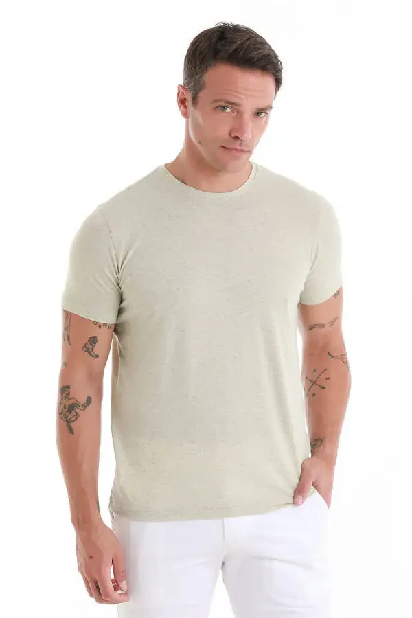 Green Regular Fit Plain Crew Neck Linen T-Shirt-Y - 1