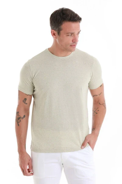 Green Regular Fit Plain Crew Neck Linen T-Shirt-Y - 4