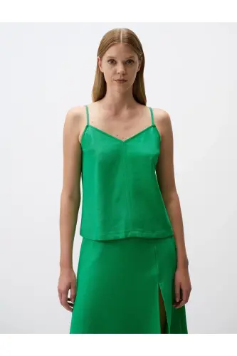 Green Relaxed Fit Sleeveless V-Neck Linen Blouse - 1