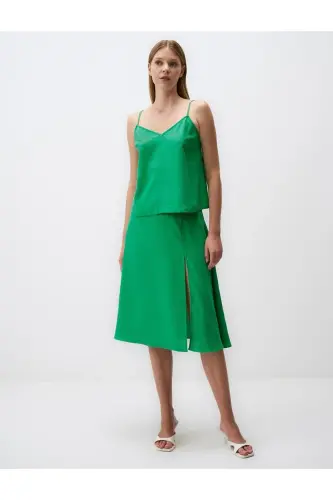 Green Relaxed Fit Sleeveless V-Neck Linen Blouse - JIMMY KEY (1)