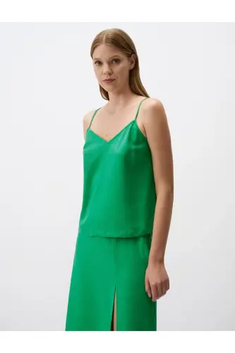 Green Relaxed Fit Sleeveless V-Neck Linen Blouse - 3