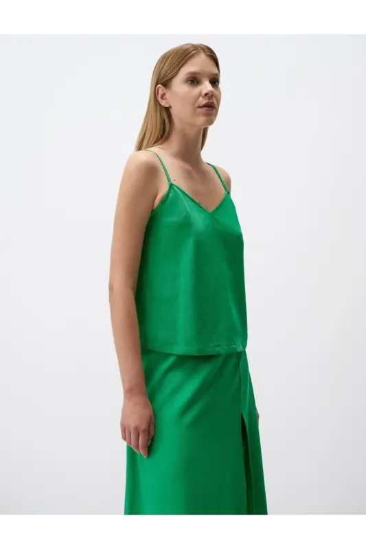 Green Relaxed Fit Sleeveless V-Neck Linen Blouse - 4