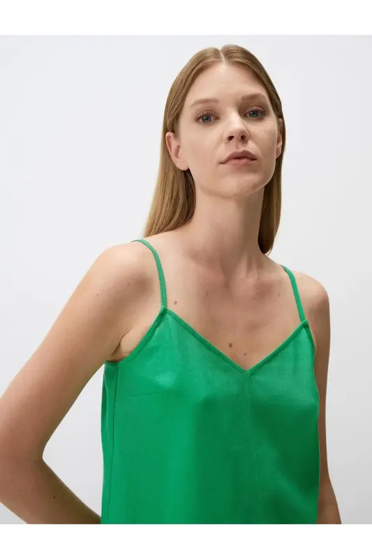 Green Relaxed Fit Sleeveless V-Neck Linen Blouse - 5