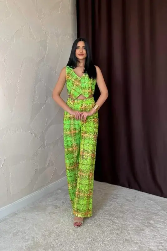 Green Sequin Vest and Pants Set - 1