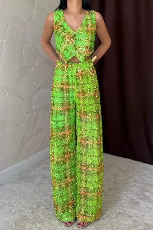 Green Sequin Vest and Pants Set - 3