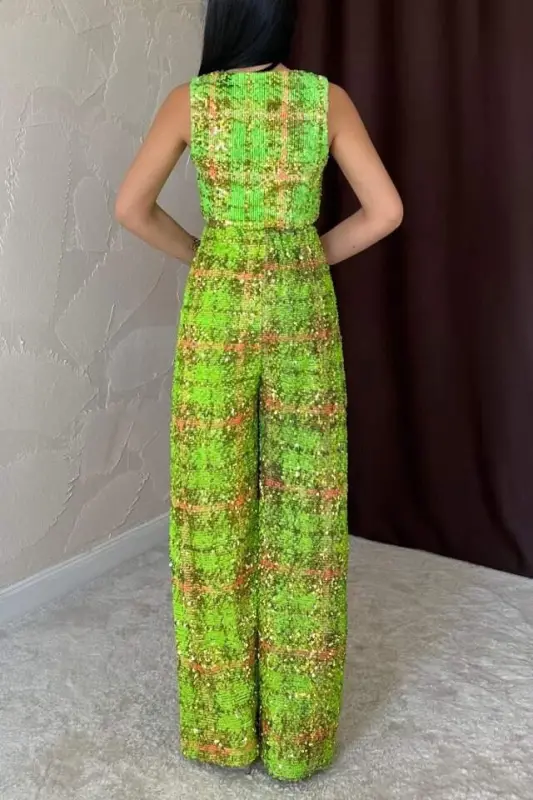 Green Sequin Vest and Pants Set - 4