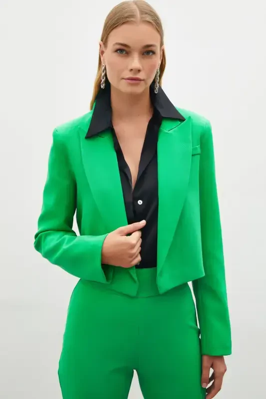 Green Shawl Collar Short Jacket - 1