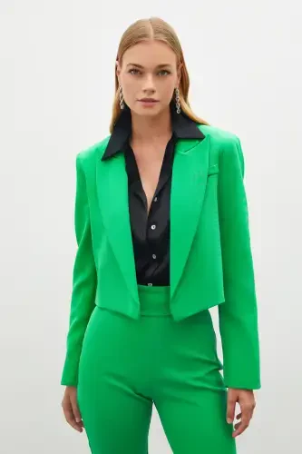 Green Shawl Collar Short Jacket - 3