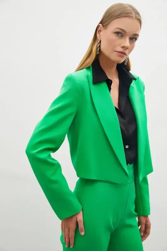 Green Shawl Collar Short Jacket - 4