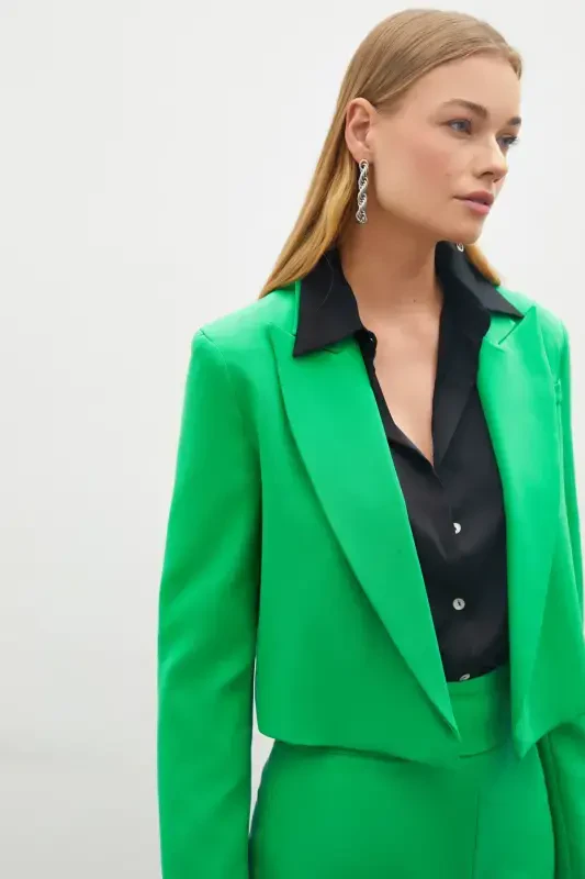 Green Shawl Collar Short Jacket - 5
